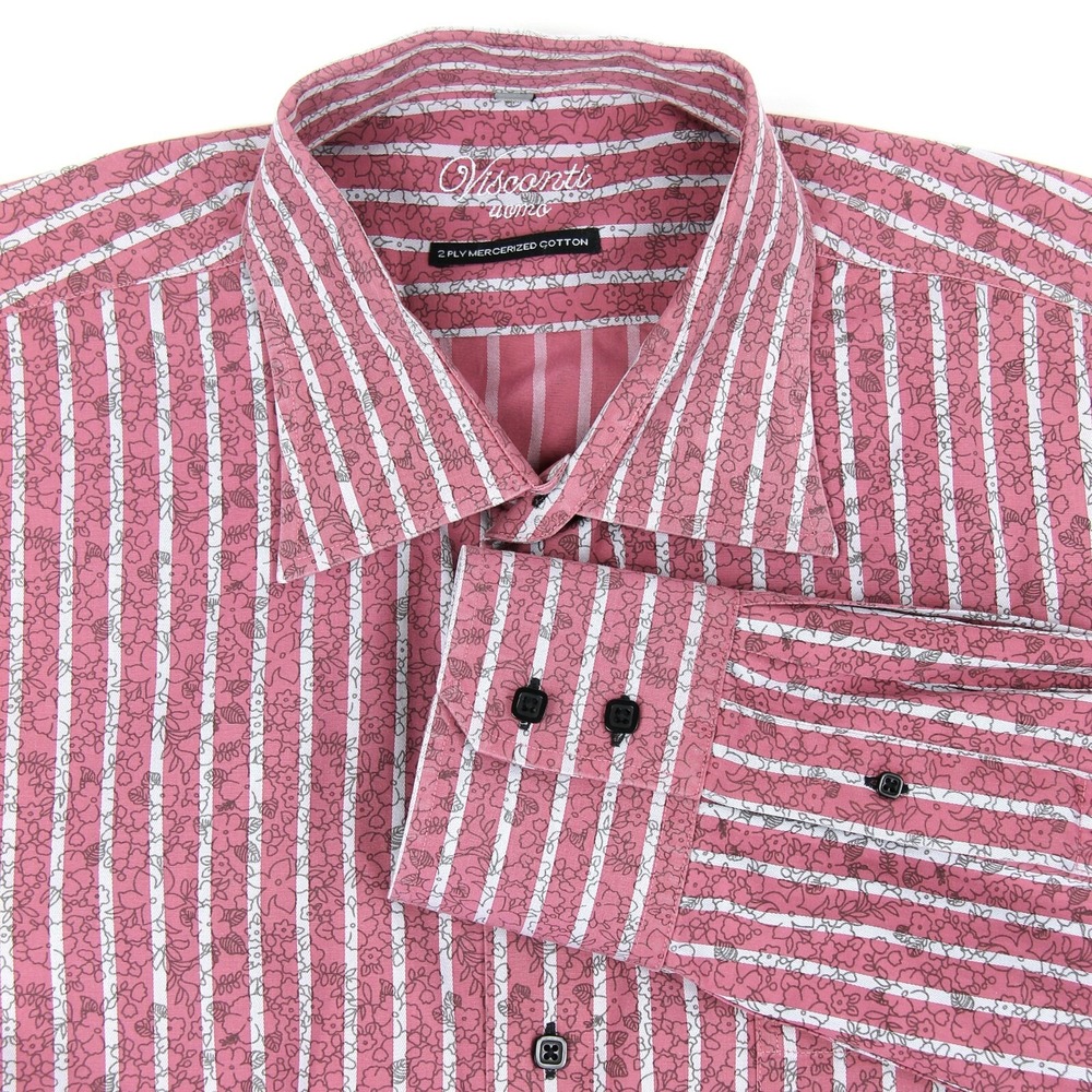 Luchiano Visconti Uomo Pink Striped Floral Button Up Shirt Sz 2XL Mercerized